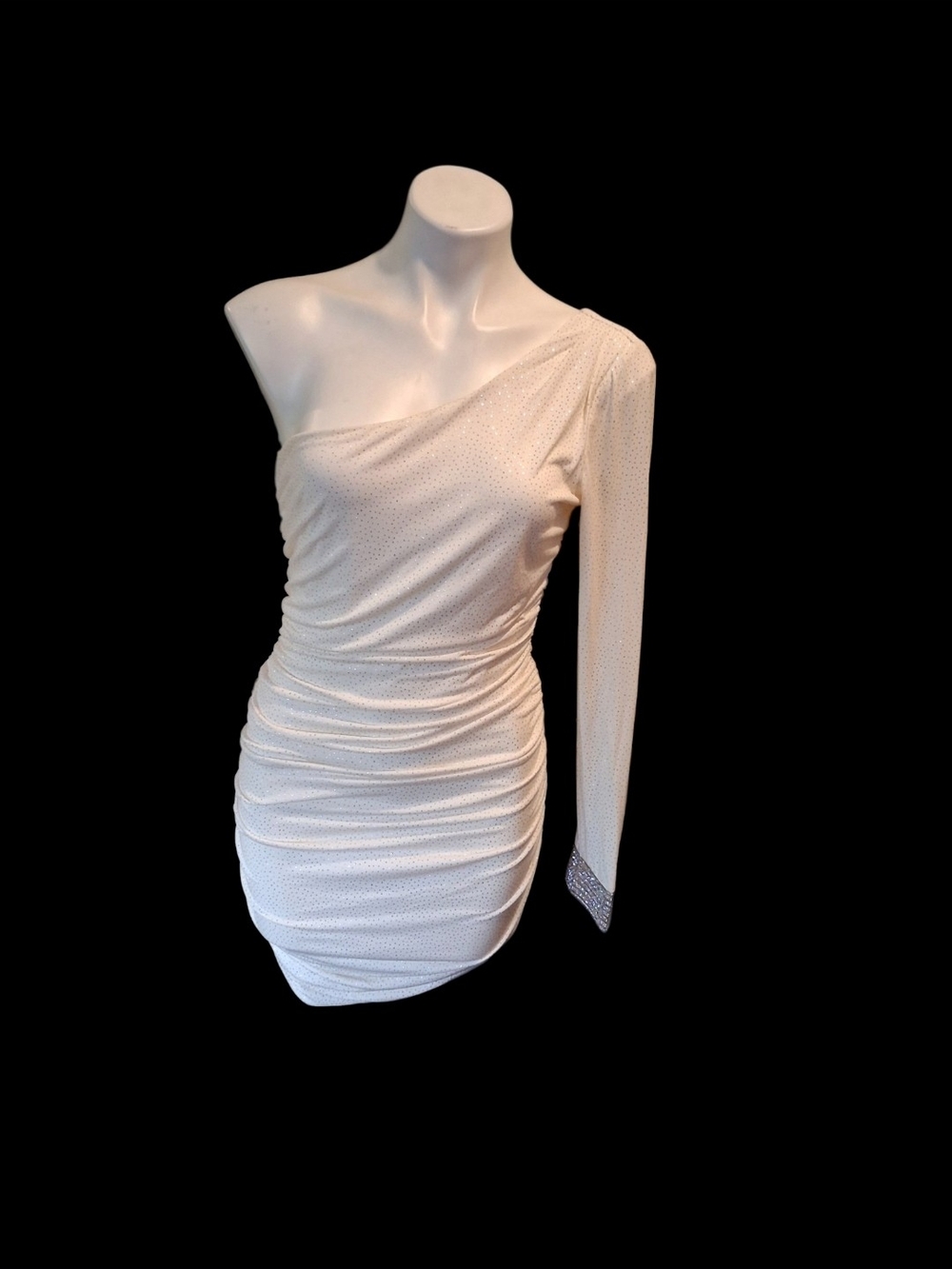 City Studio One-Shoulder Ivory Ruched Mini Dress with Rhinestone Cuff